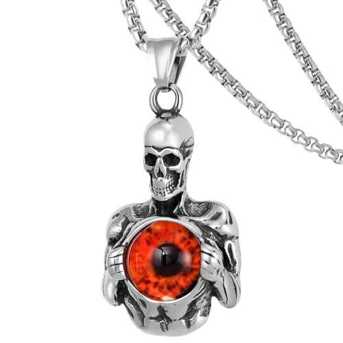 DXIUORF Punk Totenkopf Halskette für Männer Frauen, Edelstahl Totenkopf Tag Rote Augen Totenkopf Anhänger mit 24 Zoll Kette, Gothic Punk Hip Hop Schmuck Geschenk