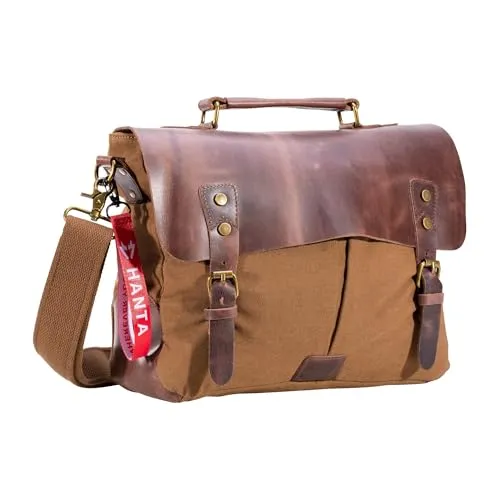 Hanta Nature Messenger Bag, Umhängetasche aus Leder und Canvas, Kuriertasche für den Alltag oder Reisen, Vintage Laptoptasche für Damen und Herren - Braun