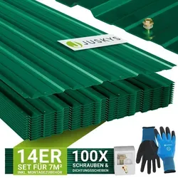 JUSKYS® Profilblech Grün - 14er Set, Verzinkter Stahl für langlebige Konstruktionen - Verzinktes Stahl-Profilblech mit vorgebohrten Löchern für einfache Montage. Ideal für Dächer und Wände, bietet hohe Stabilität und Witterungsbeständigkeit – perfekt für vielseitige Bauprojekte.