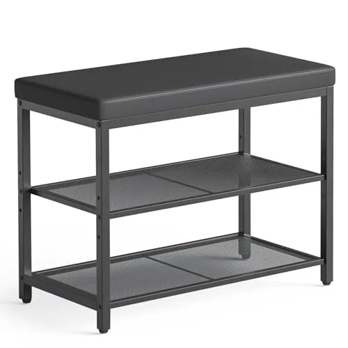 Mondeer Schuhbank mit Gepolsterter Sitzfläche, Schuhregal mit 2 Gitterablagen Höhenverstellbar Platzsparend Industriestil, für Eingang Flur Schlafzimmer, 60 x 30 x 50 cm, Schwarz