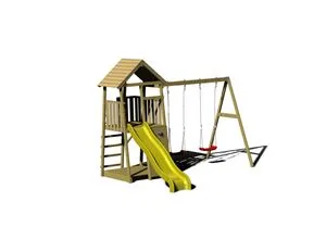 Wendi Toys Spielturm Pinguin – Gelb, Braun - Spielplatz für Kinder ab 4 Jahren mit Rutsche, Schaukeln und Kletterwand. Robuste Bauweise aus FSC®-zertifiziertem Holz für hohe Sicherheit und viel Spielspaß im Garten.