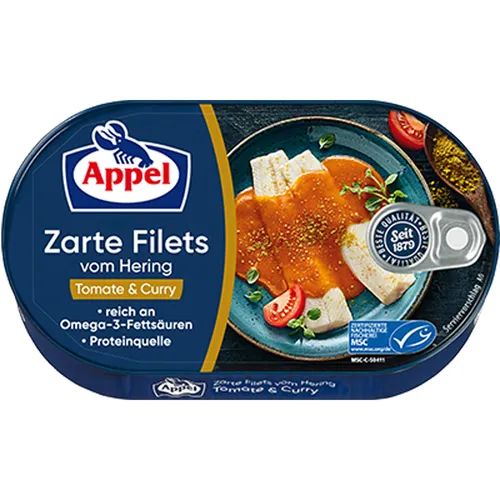 Appel Zarte Heringsfilets in Tomate-Curry-Sauce 200g von Fleisch-Fischkonserven
