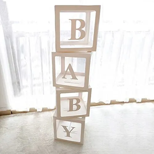 Baby Shower Box Deko für Jungen oder Mädchen, 4 Stück Transparente Baby Ballon Box mit Buchstaben BABY, Babyparty Box, Ballonboxen für Babyparty Deko, Geburtstag, Babyshower Party, Brautparty