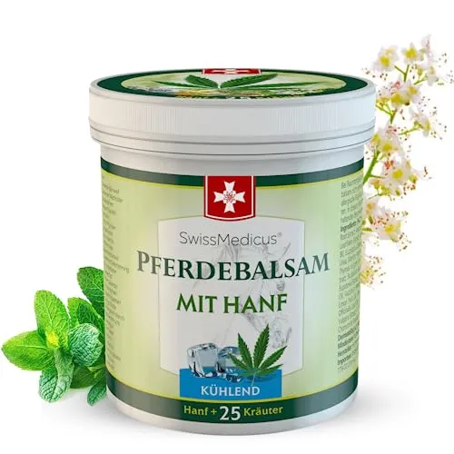 SwissMedicus Pferdebalsam mit Hanf - 500 ml - Kühlende Wirkung für Muskeln & Gelenke - mit 25 natürlichen Extrakten - Alltäglicher Gebrauch - Natürliches Gel