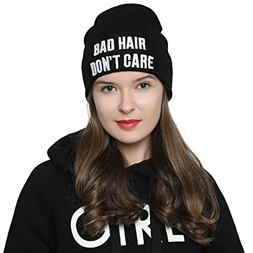 DonDon Mütze Damen Beanie Statement Wintermütze Bad Hair Don't Care