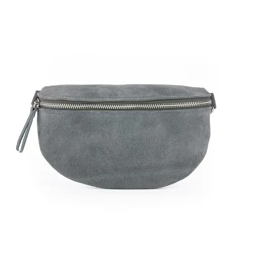 lePelou Bauchtasche VALENTINA, Umhängetasche aus Wildleder, Crossbody Tasche, Gürteltasche (zwischen 4 Größen wählbar), echt Leder, Made in Italy grau M 25*16*8