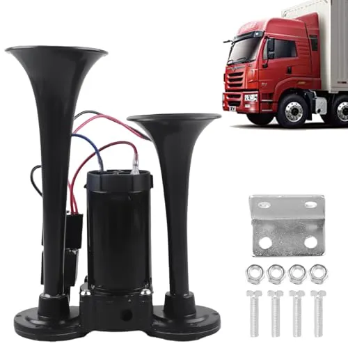 LKW Hupe 12V 118db, LWK Hupe 12V, Doppelrohr Lufthorn Train Horn mit Kompressor, Doppelrohr-Air-Horn, Super Laut & Langlebig mit Kompressor für LKW, PKW, Zug, Boot und Van