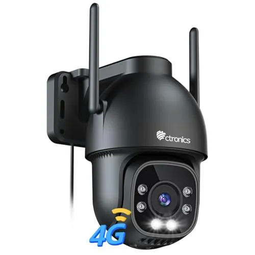 Ctronics 2.5K 4G LTE Überwachungskamera Aussen mit SIM-Karte, 4MP PTZ IP Kamera mit Auto-Tracking, 30m Farb-Nachtsicht, 2-Wege-Audio, 8 Presets, Cloud/FTP/NVR, Wand- & Deckenmontage, IP66