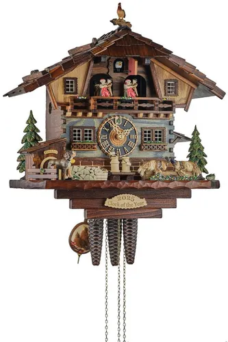 Hönes Kuckucksuhr des Jahres 2025, 36cm, Original Schwarzwald - Elegante 36cm Kuckucksuhr mit mechanischem 1-Tag Laufwerk und handgeschnitzten Figuren. Mit zwei Melodien und abschaltbarem Kuckuckruf, ideal für stilvolle Wohnräume.