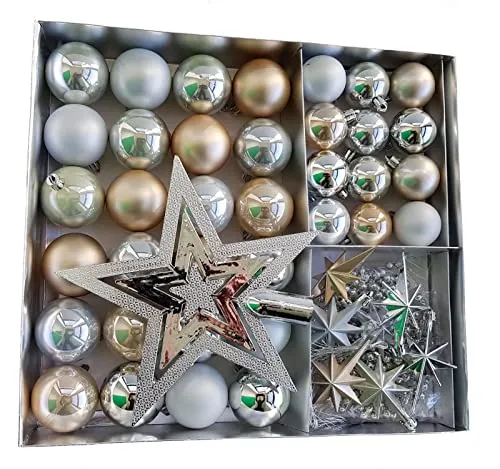 Weihnachtsbaumschmuck Set - 45 teilig in Champagnertönen - Umfangreiches 45-teiliges Set mit 36 Kugeln, Weihnachtsbaumspitze, Dekosternen und Kette in eleganten Champagnertönen. Ideal für eine festliche und stilvolle Weihnachtsdekoration.