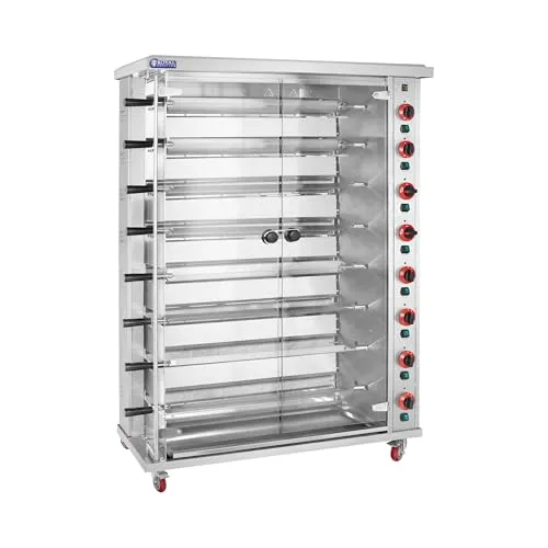 Royal Catering Hähnchengrill Gas 8 Spieße mit Beleuchtung und Rädern 8 x 5 kW Edelstahl/gehärtetes Glas Gastro-Hähnchengrill