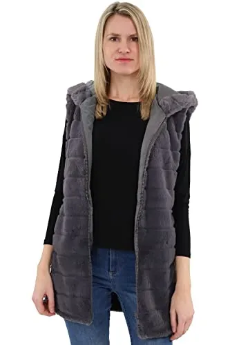malito Damen Weste mit Kapuze - Teddyweste mit Zipper CR-1958 - Damen-Westen: Gerippte Kunstfell Weste mit Kapuze, schick und vielseitig kombinierbar, ideal für jeden Anlass mit bequemer Passform.