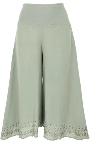 GURU SHOP Palazzohose - Bedruckte Boho Sommerhose in Salbei - Damen-Hosen, weite 3/4 Hosenrock aus Baumwolle, handbedruckt für einzigartigen Stil und perfekten Tragekomfort beim Yoga oder am Strand.