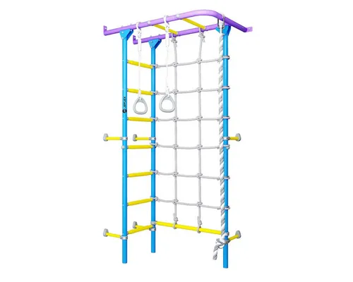 Jeflex Sprossenwand ClimbMaxx M5 - Kletterspaß in Blau, Gelb und Lila - Schaukeln mit Sprossenwand ClimbMaxx M5, ausgestattet mit Klettertau, Kletternetz und 2 Turnringen für abwechslungsreiche Bewegungsförderung.