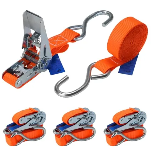 Spanngurt mit Ratsche und S Haken 4er Set 700 kg Zurrgurt DIN EN 12195-2 Ratschengurt 2-teilig orange 4 m oder 6 m, 25 mm breit