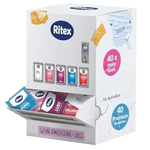 Ritex Kondomautomat – Kondome Probierpaket 40 Stück, Kondom Spender mit 5 verschiedenen Ritex Kondomen für Abwechslung & Spaß – Kondome vegan, dermatologisch getestet, Made in Germany