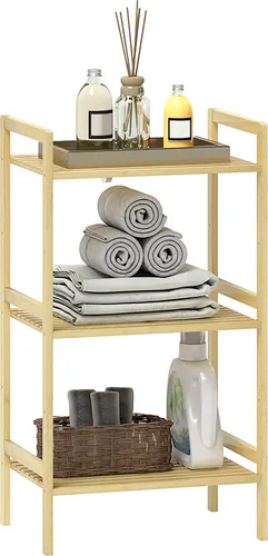 HOMCOM 3-stufiges Badezimmerregal, Bambusregal, 3 verstellbare Ablagen in 5 Positionen, für Küche, Bad, Wohnzimmer, 43,5 x 31,5 x 80 cm, Naturholz