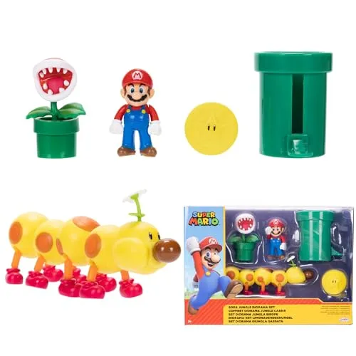 Nintendo Super Mario Soda Dschungel-Diorama enthält 3 Figuren und 2 Zubehörteile: 6,3 cm Mario, Wiggler, Piranha-Pflanze, Warp-Pfeife, Münze. Ab 3 Jahren (offiziell lizenziert)