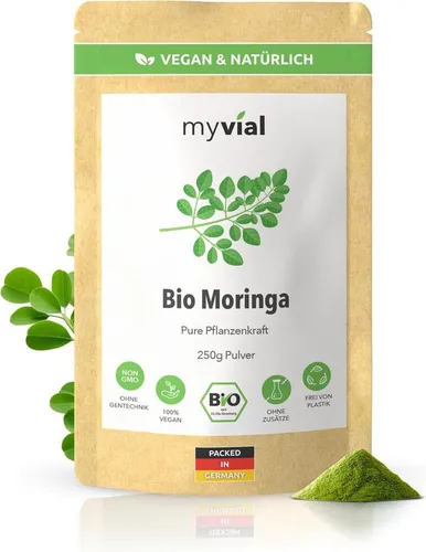 myvial Bio Moringa Pulver - naturbelassen & fein vermahlen - 250 g Pulver, feinvermahlenes Pulver, Blattpulver aus Moringa Oleifera à, plastikfrei verpackt, 250g Vorrat für mehrere Monate, höchste Qualität