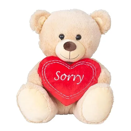Geschenkestadl Teddybär mit Herz 30 cm Sorry Stickerei Teddy Kuscheltier Plüschtier Hellbraun Stofftier Entschuldigung