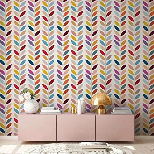 New Walls Bunte Tapete Blätter im 70er Jahre Retro Stil pastellfarben auffällige Vliestapete | 10,05 x 0,53 m