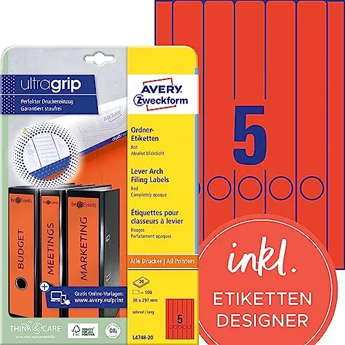 AVERY Zweckform L4748-20 Ordnerrücken Etiketten (100 Rückenschilder mit ultragrip, 38x297mm auf A4, schmal/lang, selbstklebend, absolut blickdicht, bedruckbare Ordneretiketten) 20 Blatt, rot