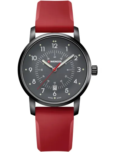 Wenger Avenue 01.1641.117 Herrenuhr 42mm - Elegante Herrenarmbanduhr mit 10ATM Wasserdichtigkeit, robustem Edelstahlgehäuse und rotem Silikonarmband für höchsten Tragekomfort. Ideal für den Alltag und besondere Anlässe.