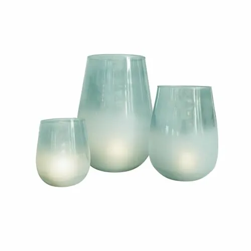 Loberon Windlicht 3er Set Miristelle, unterschiedliche Größen, mundgeblasene Qualität, dezentes Milchglas-Finish, Wohn-Accessoires, Glas, blau