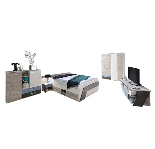 Lomadox Jugendzimmer-Set LEEDS-10, 5-tlg. in Sandeiche Nb. mit Weiß Lava und Denim Blau