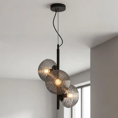 Hängelampe Rauchglas Metall E27 3-flammig Schwarz - Moderne Pendelleuchte mit eleganten Glaselementen, höhenverstellbar und ideal für verschiedene Räume. Sie sorgt für eine angenehme Beleuchtung und setzt stilvolle Akzente in Ihrem Zuhause.