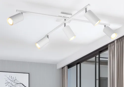 LED Deckenstrahler 5-flammig, schwenkbar in Weiß - Eleganter 5-flammiger LED Deckenstrahler mit dreh- und schwenkbaren Spots. Ideal für vielseitige Einsätze in Wohnräumen, sorgt für stimmungsvolle Beleuchtung und setzt stilvolle Akzente.