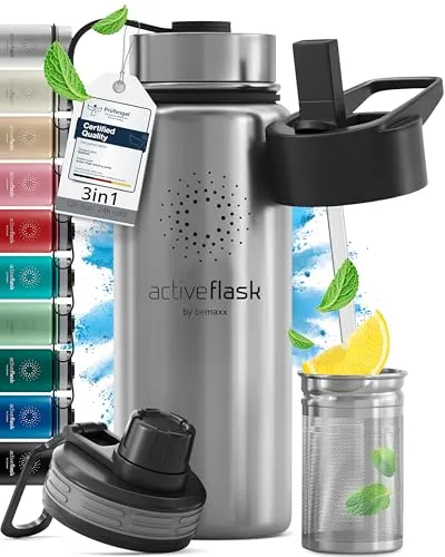 Produktbild Trinkflasche Edelstahl ACTIVE FLASK + Strohhalm (3 Deckel) BPA-frei, Auslaufsicher, Kohlensäure geeignet