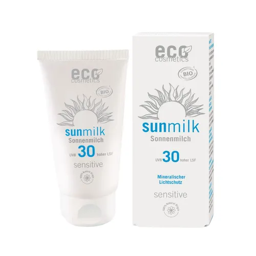 Eco Cosmetics Sonnenmilch LSF30 sensitive - Sonnenschutzmittel mit natürlichen Inhaltsstoffen, schützt die Haut effektiv vor UVA & UVB-Strahlen und bietet Feuchtigkeit durch Himbeerkernöl und Granatapfelhydrolat.