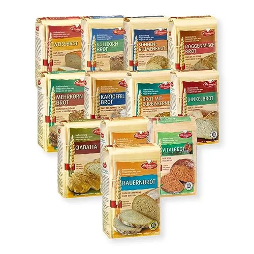BIELMEIER KÜCHENMEISTER Brotbackmischung Kennenlernset 12 x 1000 g - Brot-Backmischungen für Brotbackautomaten und Ofen, ohne künstliche Aromen, ideal für einfache und köstliche Brotbackerlebnisse.