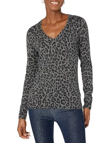 Produktbild Amazon Essentials Damen Regular-Fit Leichter Langarm-Pullover V-Ausschnitt (In Übergröße Erhältlich), Grau Meliert Leopardenmuster, M