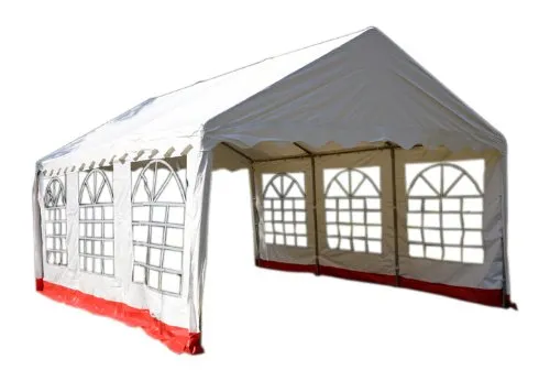 Nexos hochwertiges Festzelt Partyzelt Pavillon 4x6 m weiß/roter Rand mit Seitenteilen absolut wasserdichtes PVC Dach 400 g/m² extrem Starke Plane