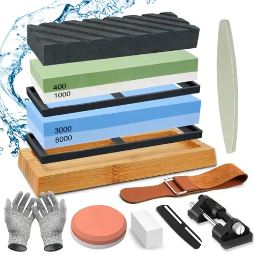 YUTUY Schleifstein Abziehstein Schleifstein Set,14-in-1 Doppelseitig 400/1000 und 3000/8000 Grit Messerschärfer,Wetzstein Messerschärfer,Mit Bambusbasis, Winkelführung,Handschuhe
