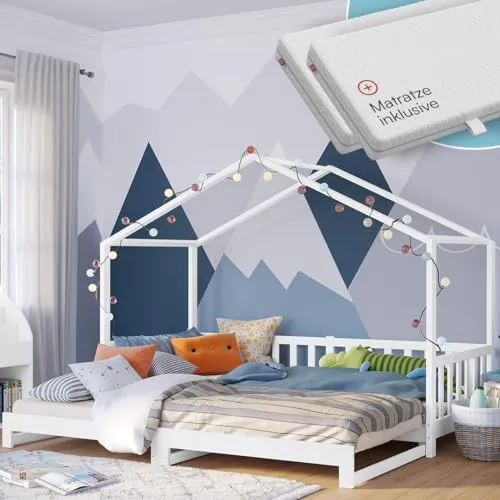 Bellabino Bia Kinderbett 90x200 cm – Ausziehbar auf 180x200 cm - Kleinkindbett aus massivem Kiefernholz, fördert Selbstständigkeit mit sicherem Ein- und Ausstieg. Flexibel erweiterbar für Geschwister oder Übernachtungsgäste, inklusive zwei Matratzen für optimalen Schlaf.