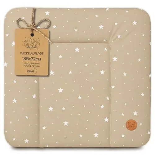 Wickelauflage Wickelunterlage abwaschbar und wasserdicht 85x72 cm - Wickelmatte zum Auflegen auf Wickeltisch Wickelaufsatz Wickelkommode oder Waschmaschine changing mat 85 x 72 Beige mit Weiß Sternen