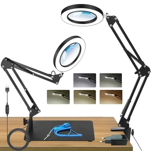 ELITUN Lupe mit Licht, 10X LED Lupenleuchte,Arbeitsplatzlampe mit Klemme und Basis,5 Farbmodi 10 Stufenlos Dimmbare,Tischlampe Lupe für Bastelnn,Lesen