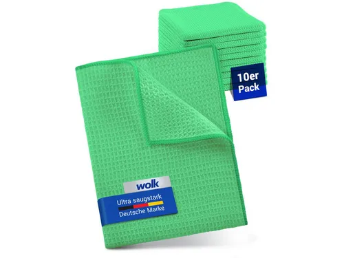 wolk Mikrofasertuch mit Waffelstruktur in grün - Reinigungstuch (Polyester, 38x38 cm, 10er-Set, hygienisch auf 90° waschbar)