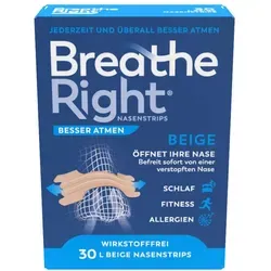 Besser Atmen Breathe Right Nasenstrips Beige Groß - Arzneimittel zur sofortigen Linderung einer verstopften Nase bei Erkältungen oder Allergien. Die flexiblen Bänder öffnen die Nasenwege für besseren Luftstrom und weniger Schnarchen.