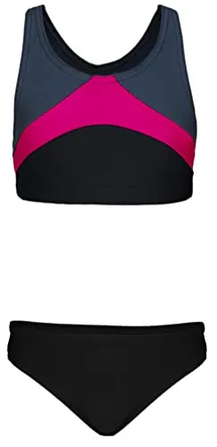 Aquarti Mädchen Sport Bikini Racerback Bustier & Bikinislip, Farbe: Schwarz/Graphit/Amarant, Größe: 158