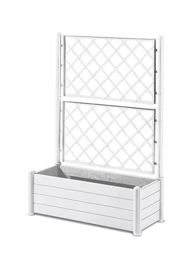 Stefanplast Blumenkasten mit Spalier, Holz-Finish - Rechteckiger Blumenkasten mit Rankgitter, 80 l Volumen, ideal für vertikales Gärtnern und dekorative Pflanzenarrangements.