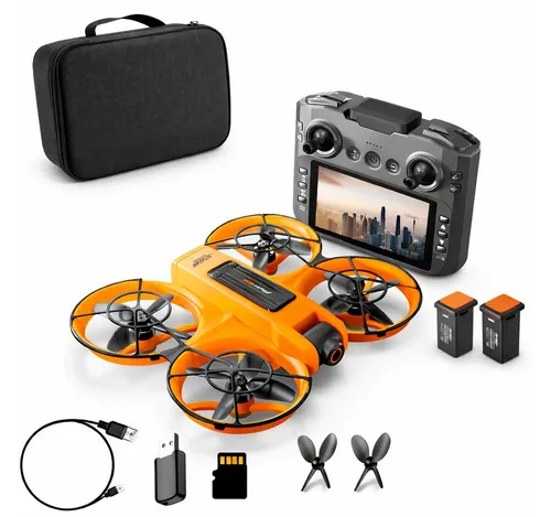 GOLDSTERN-TECH RC-Quadrocopter mit HD-Display-Fernsteuerung - Drohne mit 12,5-cm-HD-Display für Echtzeitübertragung. Flexibles Dual-Kamerasystem mit 90° Winkel und 50× Zoom. Robustes Design für sichere Flüge, ideal für Anfänger und kreative Luftaufnahmen.