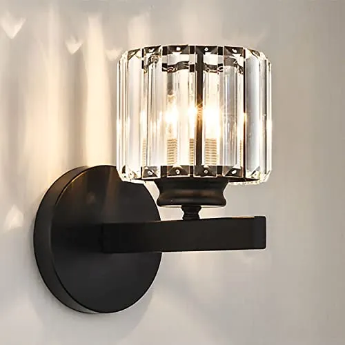 Sxtiger Retro Kristall Wandleuchte Innen, E27 Moderne Schlafzimmer Wandlampe LED Kristall Wand Lampen, Schwarz Kristallwandleuchte für Wohnzimmer Korridor Esszimmer Flur