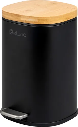 eluno Kosmetikeimer FRAMURA, 5L Treteimer aus Metall und Bambus - Der eluno Kosmetikeimer FRAMURA überzeugt mit 5 Litern Fassungsvermögen und Soft-Close-Funktion. Stilvolles Design aus schwarzem Metall und natürlichem Bambus – ideal für Bad, Küche und Büro.