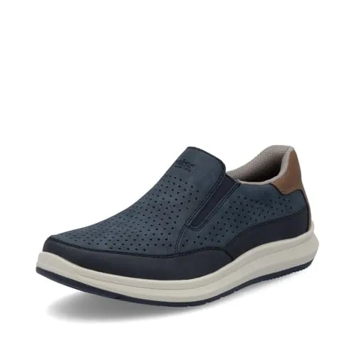 RIEKER Herren Slip-On Sneaker, Gr. 43, blau - Herren-Slipper aus Lederimitat in jeansblau-braun, mit seitlichen Stretcheinsätzen für optimalen Tragekomfort und rutschhemmender Gummisohle.