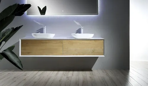 Alphabad Waschbeckenunterschrank RONADA-160 inkl. 2 Waschtische - Moderner Unterschrank in matt weiß mit eleganten Eiche-Akzenten. Inklusive 2 SLIM Waschtischen aus hochwertigem Mineralguss. Perfekt für stilvolle Badezimmerlösungen. Abmessungen: 160 x 55 x 40 cm.