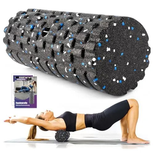 nooncrazy Faszienrolle mit 3D-Texturmassage, Foam Roller(33cm x 14cm) zur Muskelverspannungen lindern, mittlere Härte Selbstmassage Fazienrolle für rücken wirbelsäule Rücken Beine(Schwarz-blau Weiß)
